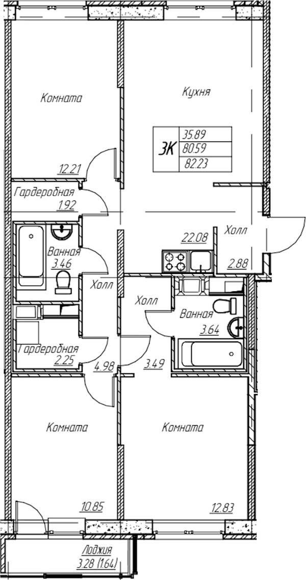 3-комнатная квартира 82.23 м², 16/22 эт., ЖК «Парк-квартал Юнтолово»